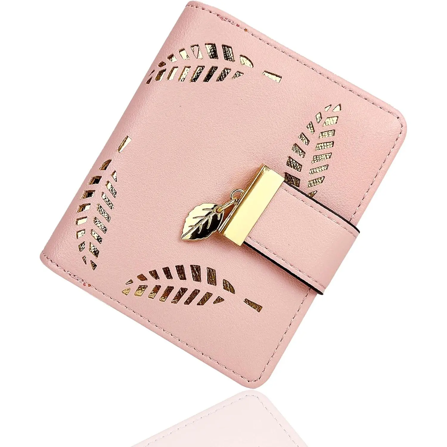 Women's Short Purse Leather Medium Wallet Leaf Bifold Card  Holder Small Purses Buckle Zipper Clutch