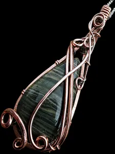 Teardrop Raw Natural Green Jasper Hammered Copper Elven Elvish Victorian Fantasy Wire Wrapped Gemstone Pendant Necklace Amulet Talisman