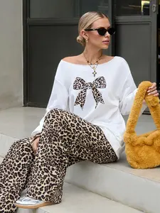 Women's Long Sleeve Leopard Print Casual Thick Knit Sweatshirt, Loose-Fit Asymmetrical Neckline, Fall & Winter Comfortable Top