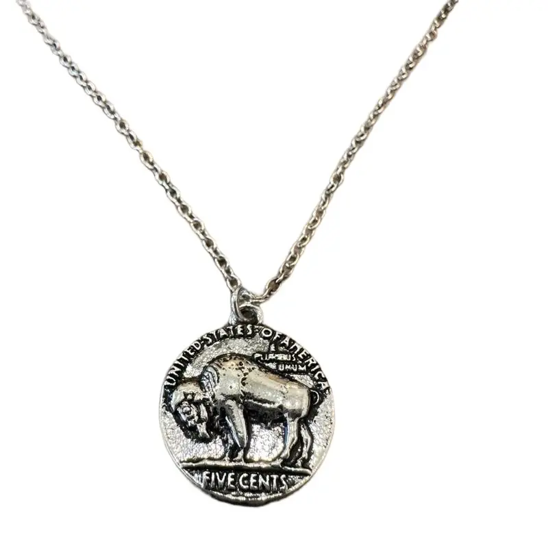 Buffalo Coin Necklace and Earring Set - Silver Tone with Detailed Buffalo Design -