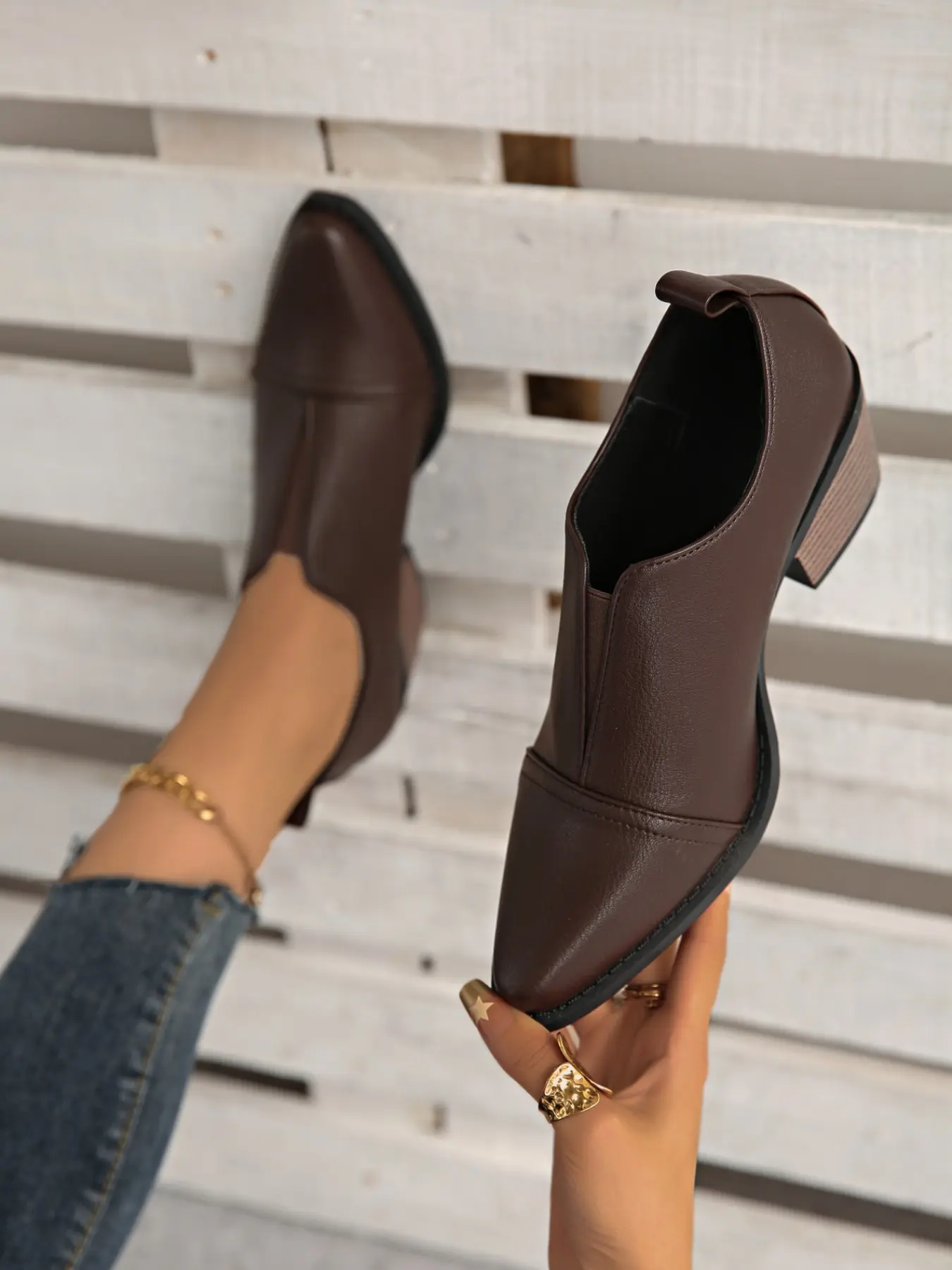 New Simple Versatile Chunky Heeled Slip-On Shoes, Fashion Pointed Toe, One-Step Design, Suitable for Office & Casual Wear, Women's Footwear