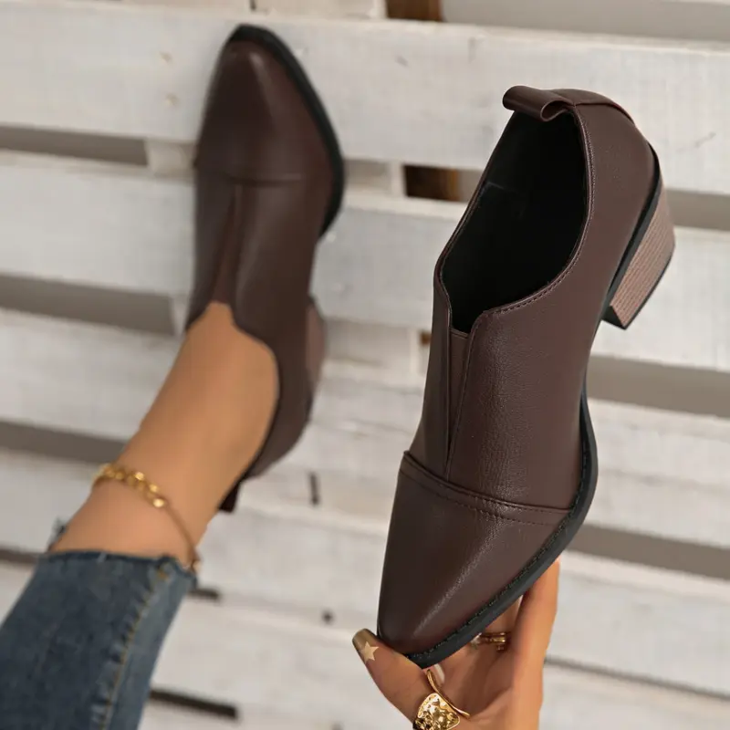 New Simple Versatile Stylish Chunky Heel Slip-On Shoes, One-Step Design, Suitable for Office & Casual Wear, Women's Footwear