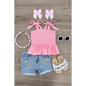 Pink Striped Flower Denim Short Set