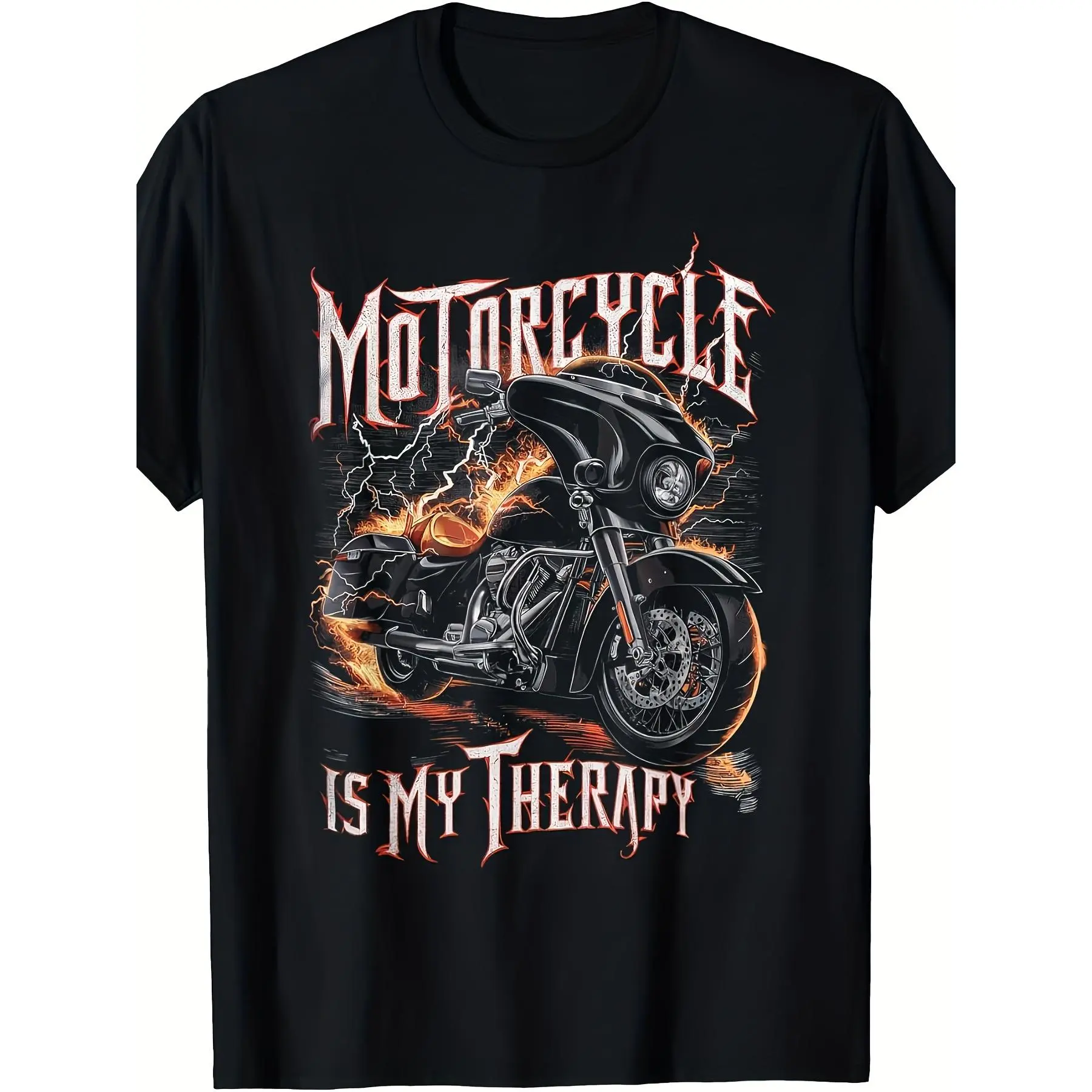 Mens Motorcycle Graphic Tee Short Sleeve Crewneck Streetwear Biker Rider Shirt Vintage Flame Lightning Cruiser Bike Graphic for Road Trips