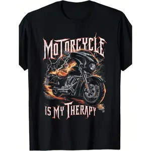 Mens Motorcycle Graphic Tee Short Sleeve Crewneck Streetwear Biker Rider Shirt Vintage Flame Lightning Cruiser Bike Graphic for Road Trips