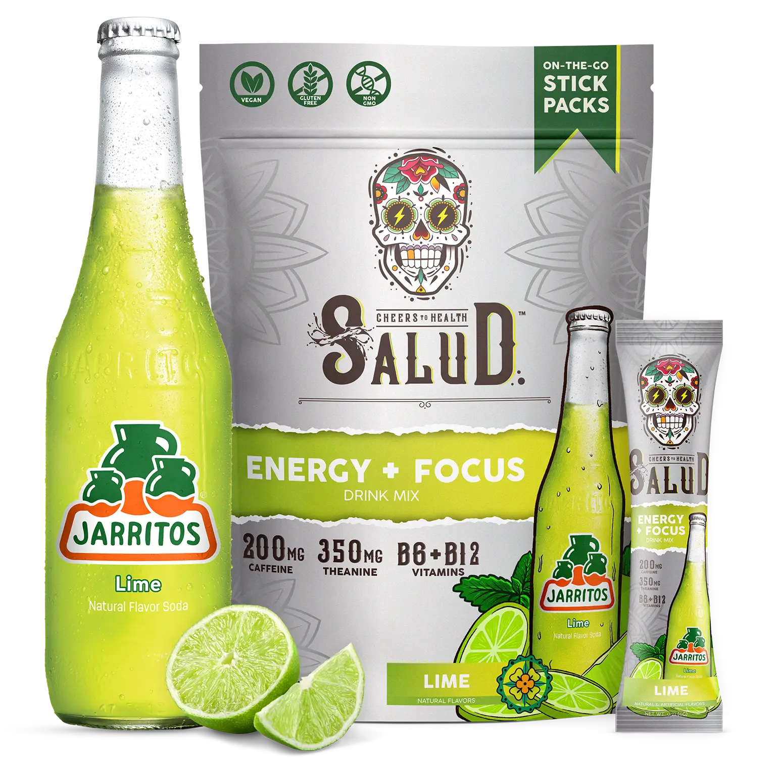 Salud x Jarritos 2-in-1 Energy Drink Powder + Focus, Lime, Organic Caffeine, B6 + B12, Theanine, Clean Energy Drink Packets, Non-GMO, Gluten Free, Veg