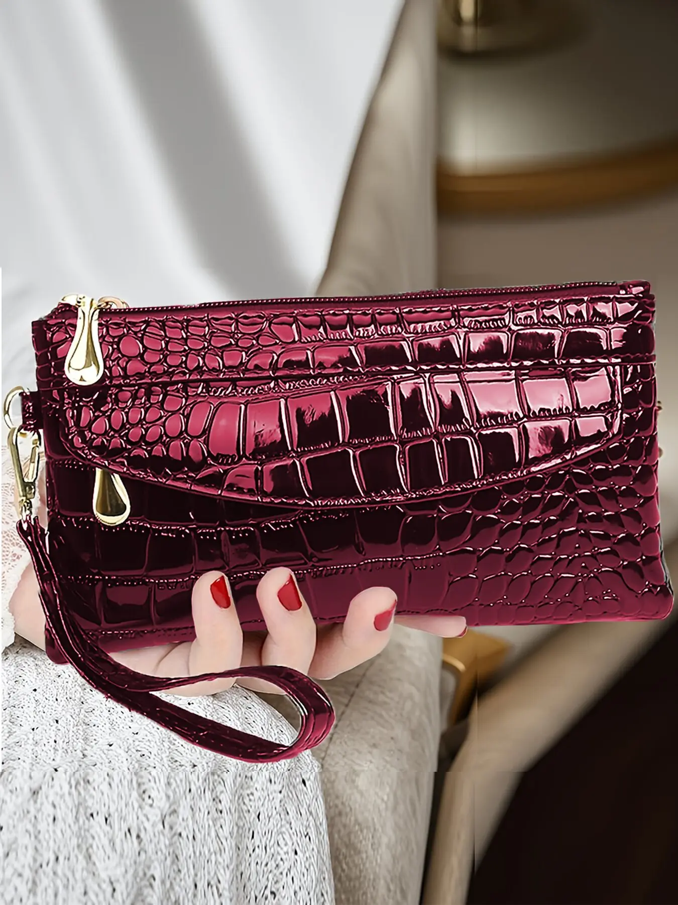 High-Quality Women's Crocodile Pattern PU Leather Wallet, 4-Zipper Design, Multi-Pocket, Casual Style, All Seasons Use, Casual Trendy Wallet, Zipper Pouch Wallet
