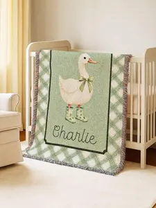 Goose Baby Blanket: Gingham Green Cotton Woven Farm Nursery Bedding