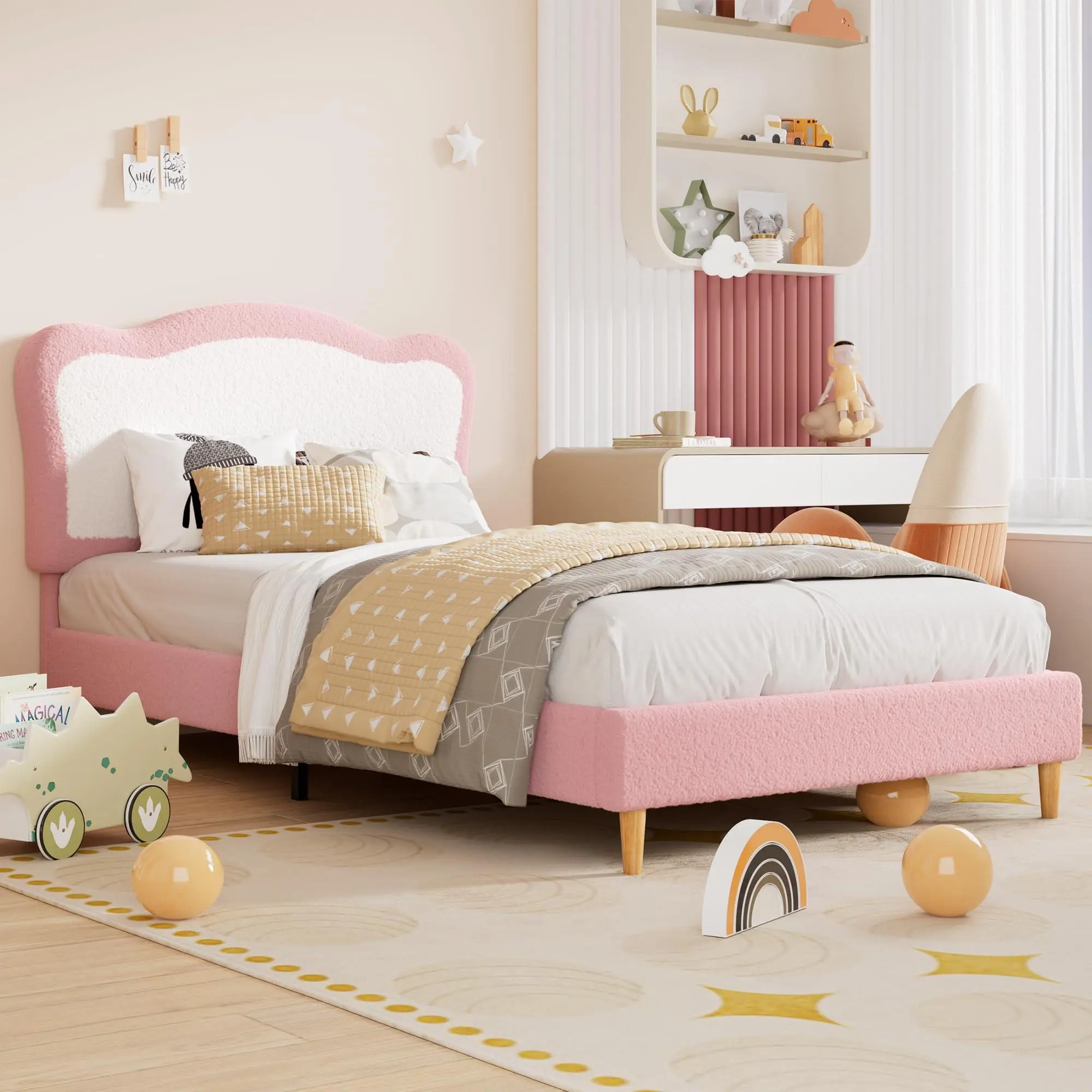 Cute Velvet Berber Fleece Full Bed Frame for Kids, Low Floor Design with Soft Headboard, Wooden Slats, Noise-Free, Sturdy, No Box Spring Needed, Easy Assembly, Pink & White