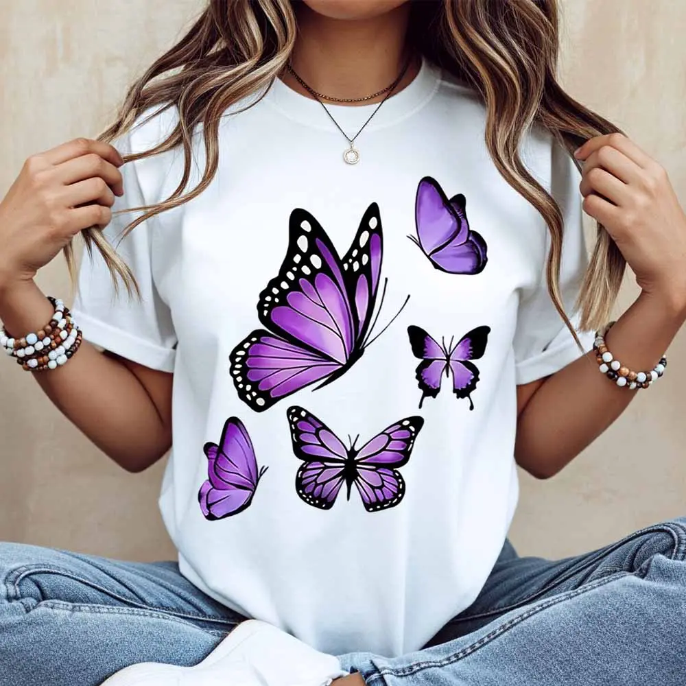 Purple Butterfly Print T Shirt White Casual Loose Fit For Everyday Wear And Light Activities