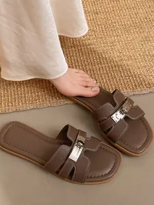 Women's Large Size Sandals, Classic H Hollow Out Design, Square Toe Flat Sole, Casual Comfort for Commuting, Dating, Vacation, Flat Shoes Sandals