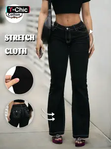 GILIPUR Y2K Women's Stretchy Low-Waisted Flared Jeans,Casual Button Fly Pocket Design Bell Bottom Denim,White Stitching Design,Fashionable And Versatile Women's Jeans,Commuting And Leisure,T-Chic