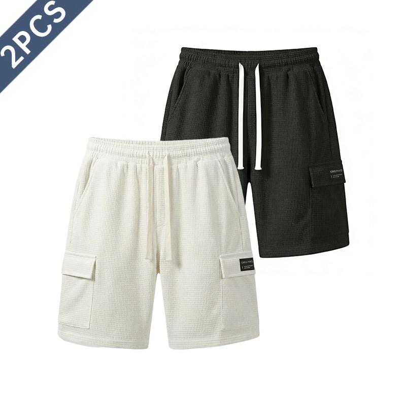 2-pack men’s athletic casual shorts, mid-length shorts for summer with a waffle texture, elastic waistband and drawstring; comfortable and breathable—ideal for the beach, outdoor hiking, everyday wear, and commuting.