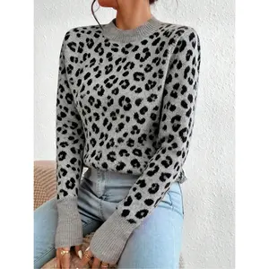 Elegant And Versatile Leopard Print Pullover Sweater for Comfortable Home Office And Travel in Autumn And Winter