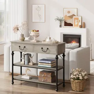 Farmhouse Entryway Console Table, 39'' Sofa Table with 2 Drawers, Entry Way Table with Storage Shelves, Narrow Console Table for Living Room, Hallway, Entrance, Foyer, Retro Grey