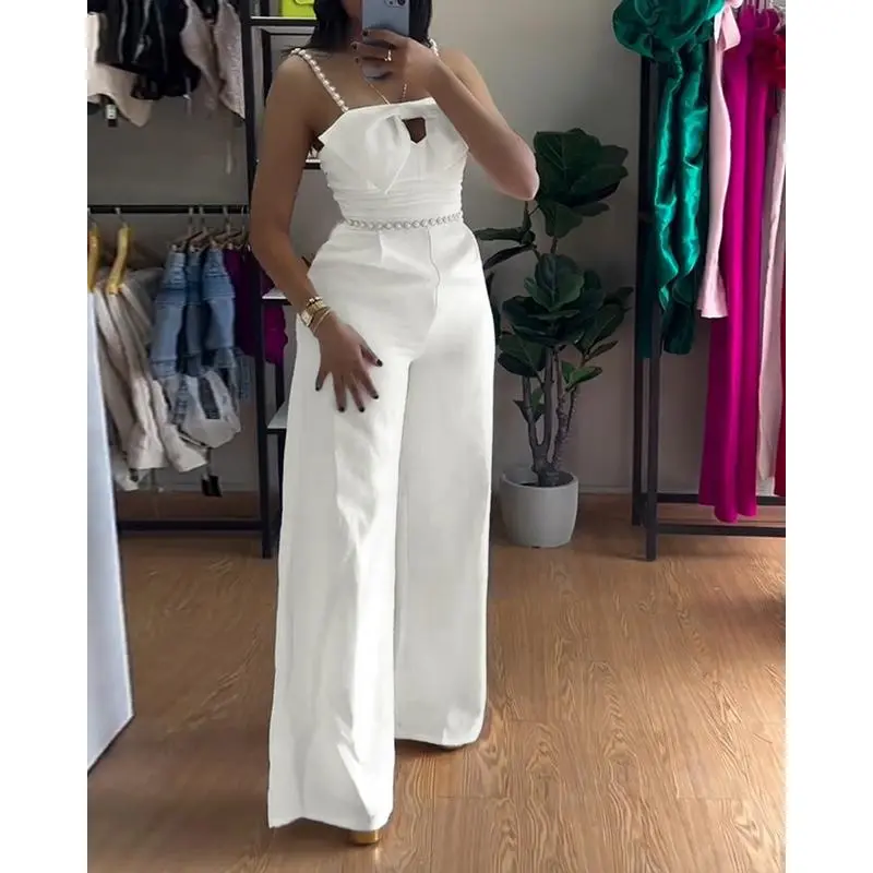 CHENGDEFA Women's Bandeau Beaded Spaghetti Strap Bowknot Design Ruched Slim Fit Jumpsuit Elegant Overall
