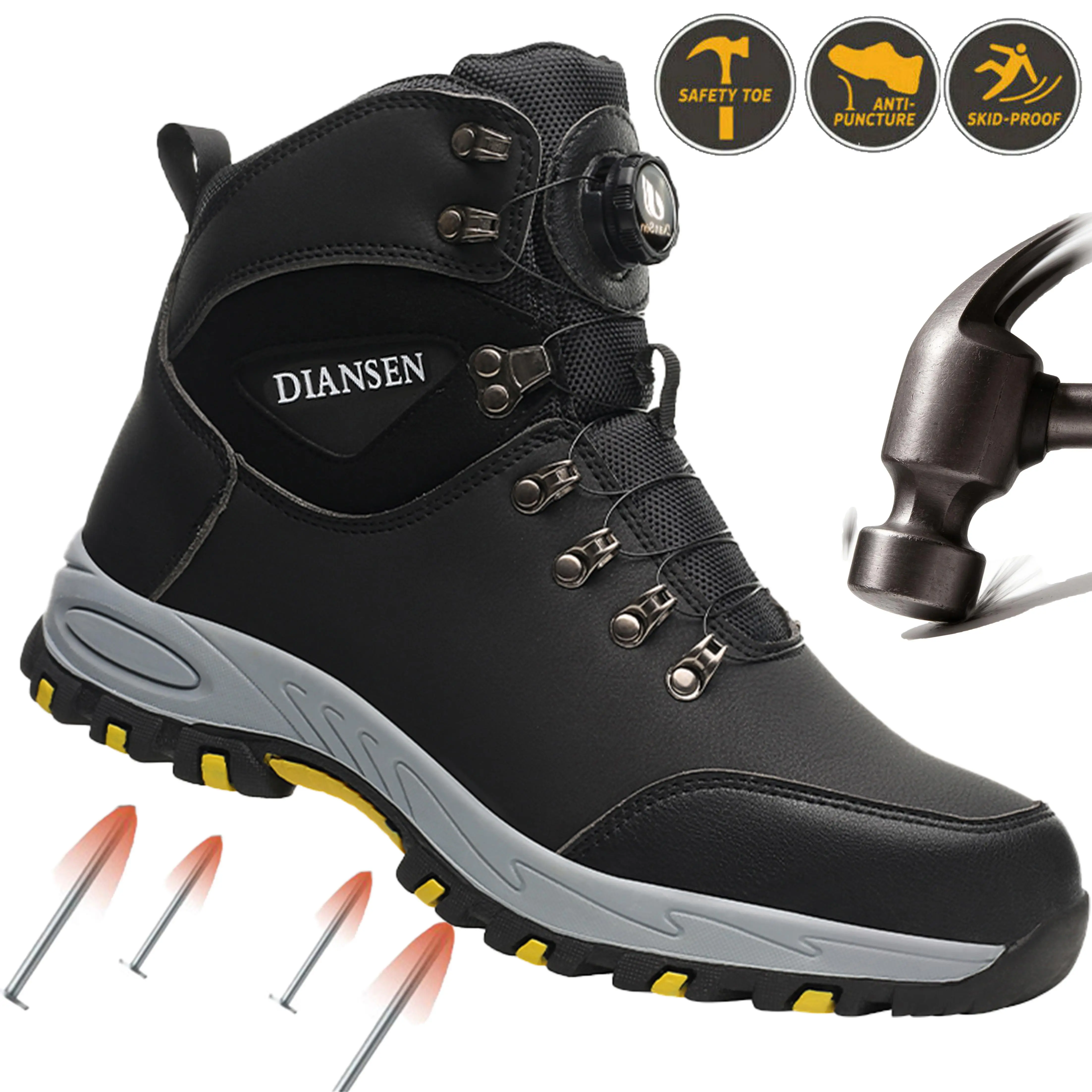 Men's Minimalist Round Toe Steel Toe Safety Boots - Lightweight, Breathable, Puncture-Resistant, Wear-Resistant Closed Mesh Footwear with Buckle Strap for Construction, Industrial Safety Footwear All Season Use