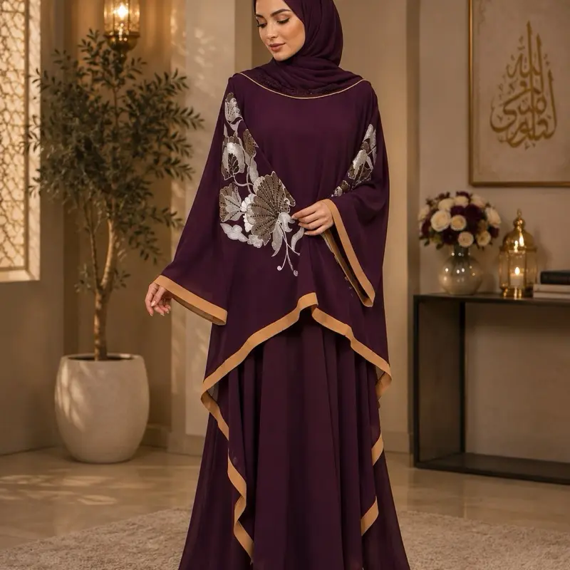 Women's Luxury Dubai Butterfly Abaya, Modest Fashion Islamic Clothing, Long Sleeve, Crew Neck, Bell Sleeve, All Over Print, All Seasons