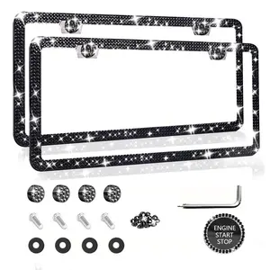 2Pcs Black Bling Rhinestone License Plate Frame and Engine Start Button Cover Full Sparkle Crystal Diamond Anti-Rust Metal Hardware Kit Auto Exterior Interior Decor Universal for US Car SUV Truck Daily Commute Driving