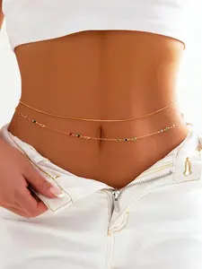 2pcs Women's Multilayer Belly Chain Waist Belt Set, Rainbow Rhinestone & Glitter Fringe Design, Playful And Festive Touch, Casual Beach Vacation Body Jewelry, All Seasons