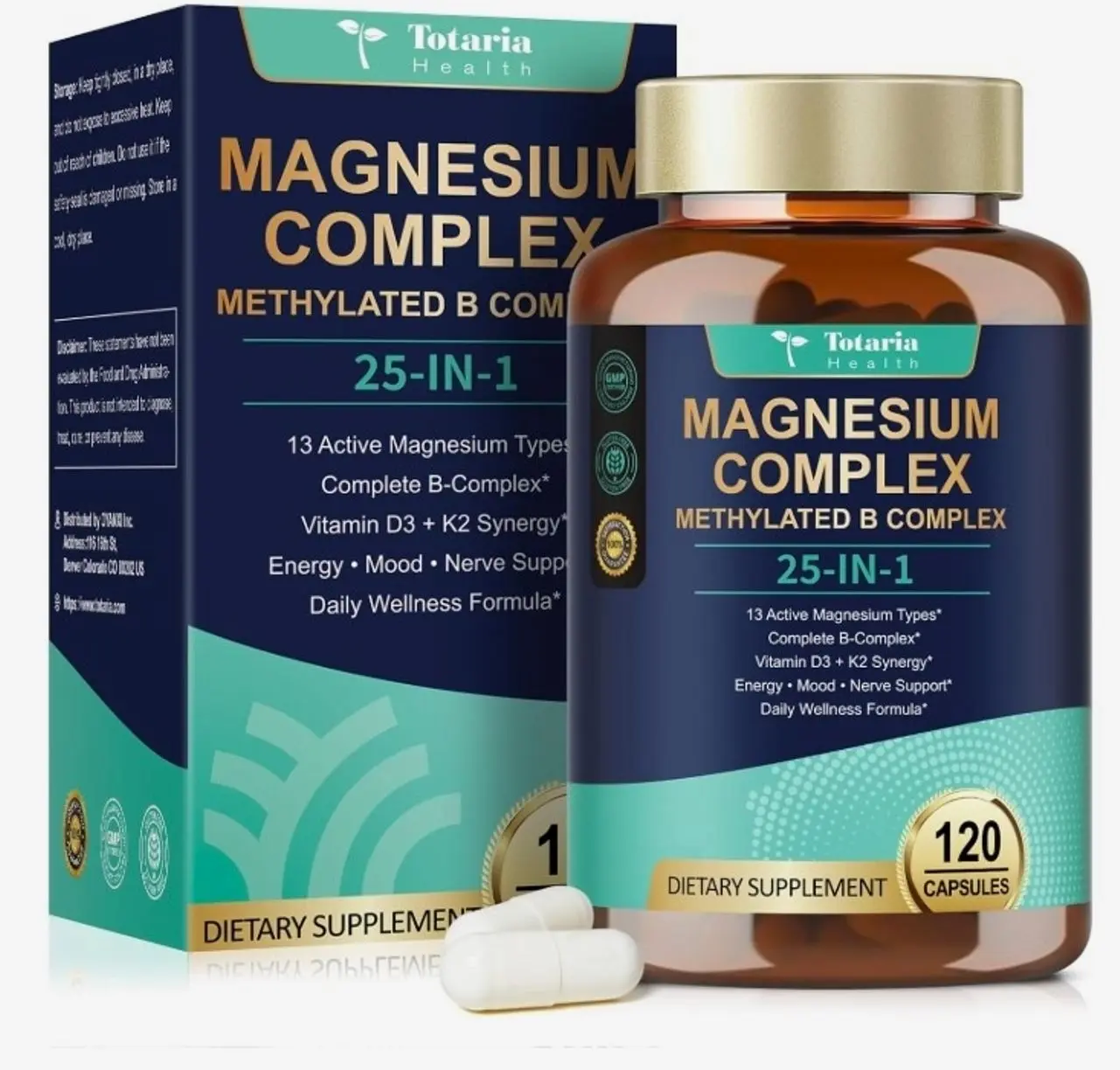 25-in-1 Magnesium Complex with Methylated B Complex Magnesium Glycinate Citrate Malate Taurate Gluconate Aspartate Carbonate D3 K2, Magnesium Supplement for Relaxation Energy & Nerve, 120 Vegan Caps