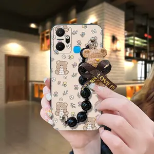 cute Waterproof Phone Case For infinix X6823/Smart6 Plus Russia/india Black pearl pendant Anti-knock Skin-friendly feel Dirt-resistant silicone Back Cover Bear bracelet