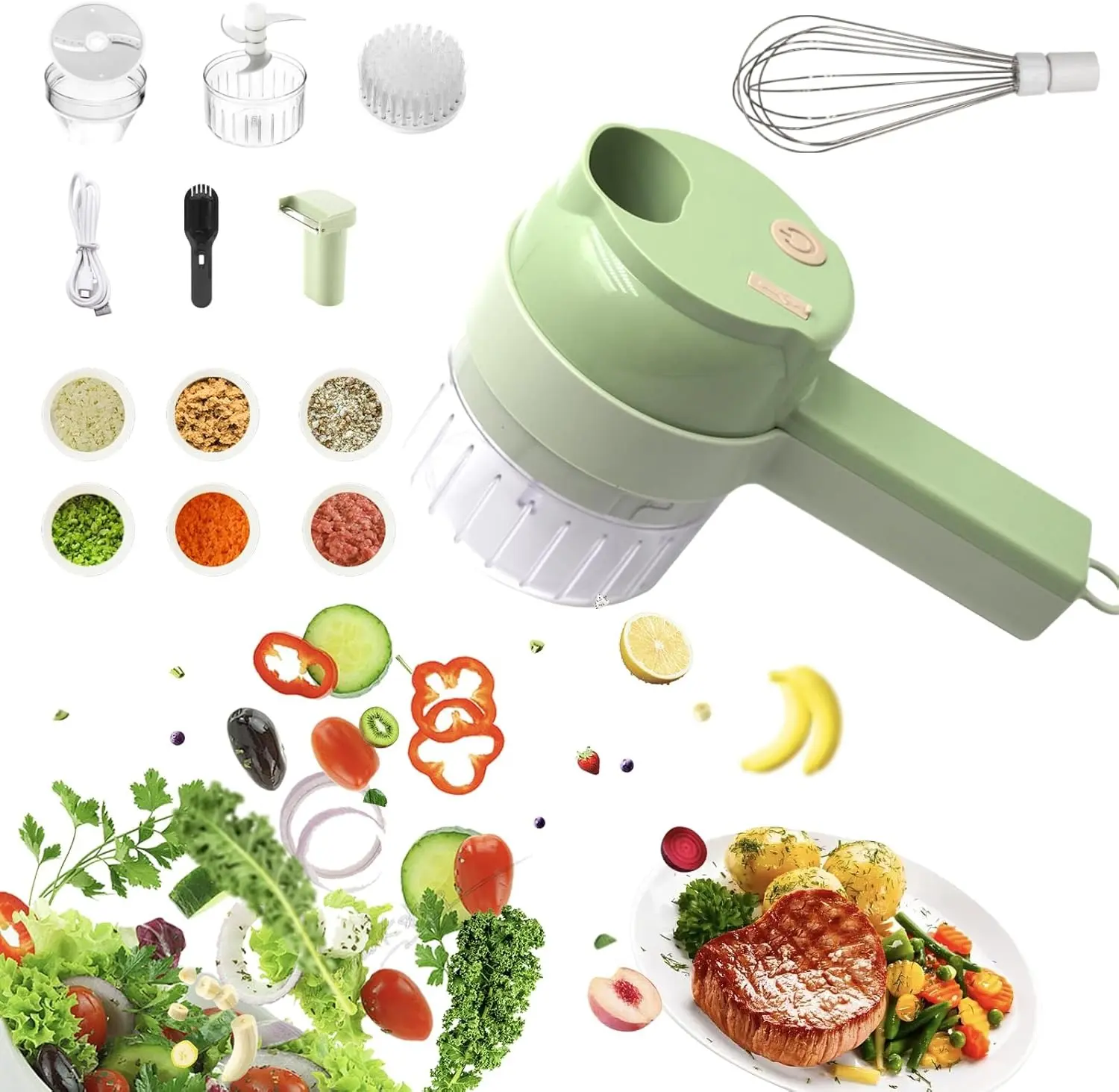 5 in 1 Multi-Functional Portable Electric Vegetable Cutter Set, Wireless Vegetable Processor for Garlic, Peppers, Onions, Celery, Ginger, Meat, With Brush