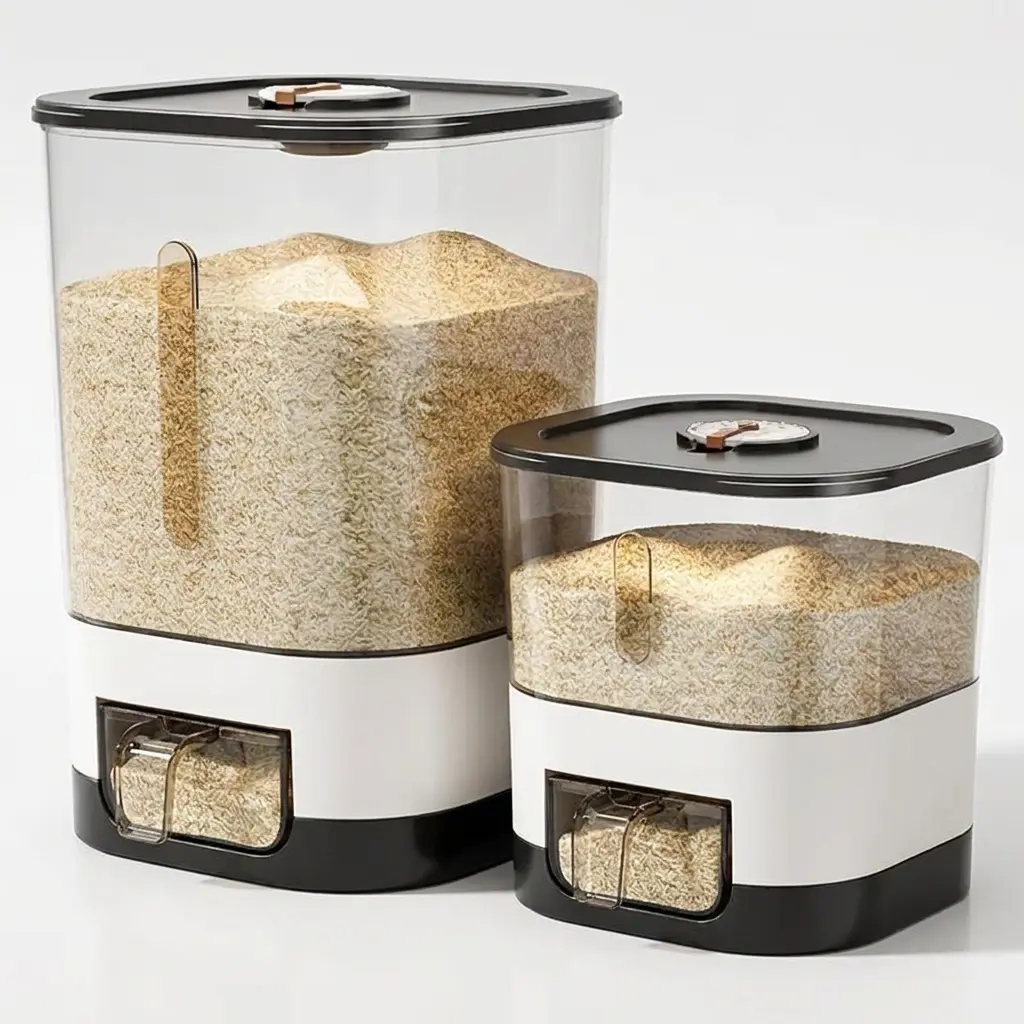Automatic Moistureproof Rice Dispenser, Count Large Capacity Rice Storage Container with Measuring Cup, Airtight Food Storage Containers，Transparent Window，Grain, Flour, Kitchen