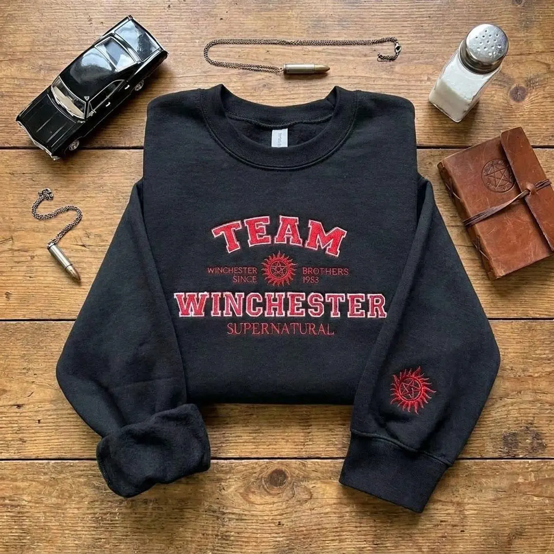 Supernatural Team Winchester Embroidered Sweatshirt, Embroidered SPN Crewneck, Winchester Brothers Fan Gift, Cozy Fandom Apparel