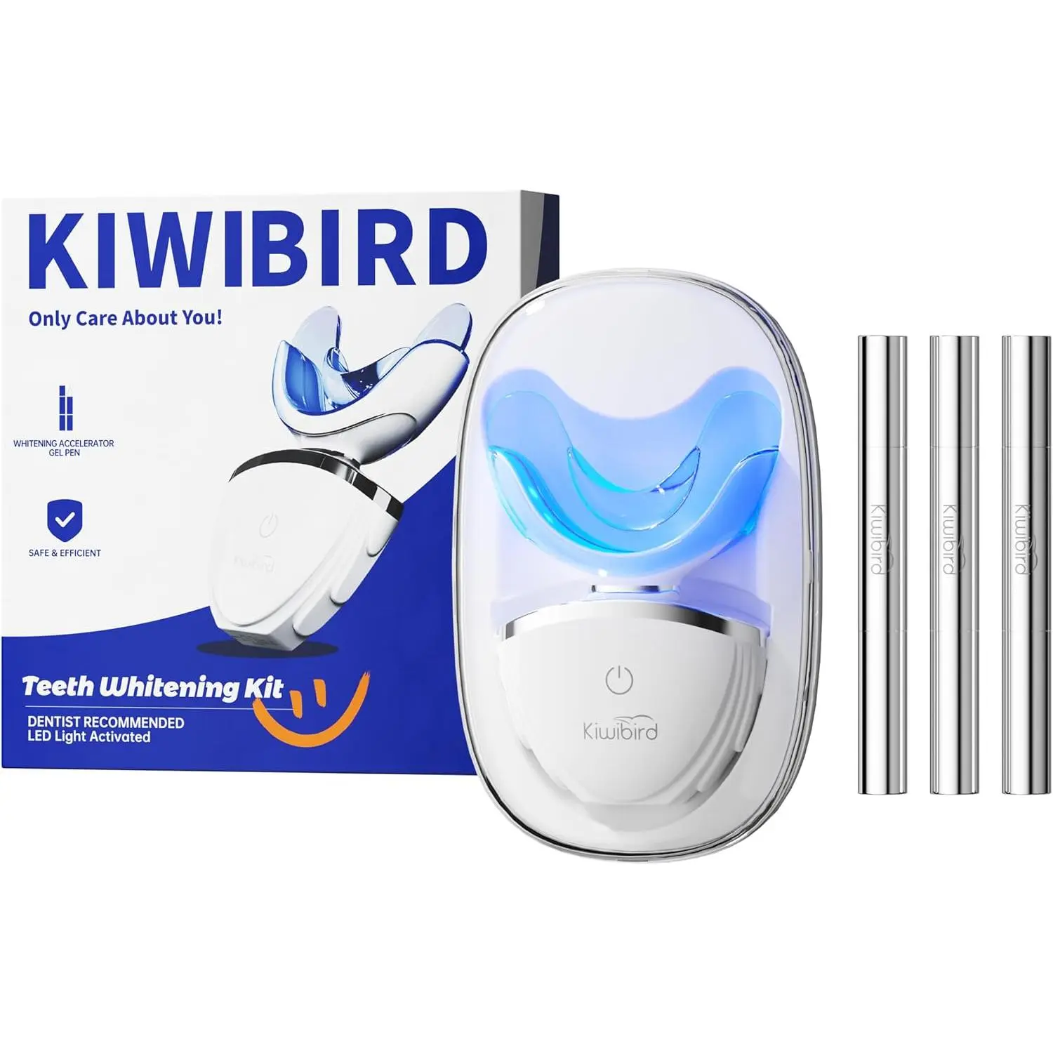 KIWIBIRD Teeth Whitening Kit for Sensitive Teeth – 3 Gel Pens, LED Light with Wireless Charging Case, IPX7 Waterproof, Enamel-Safe at-Home Dental Care Tool