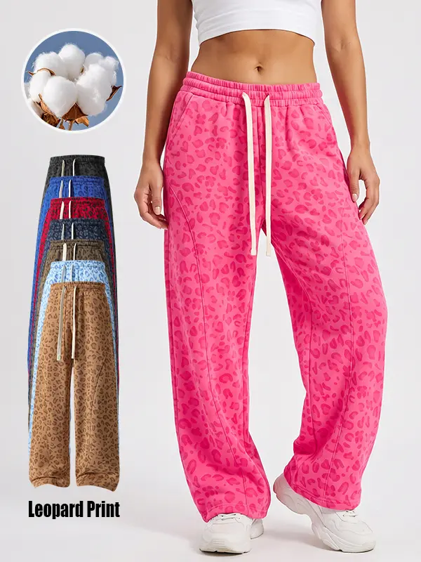 Unisex Fleece Lined Leopard Sweatpants - Women's Elastic Drawstring Casual Wide Leg Jogges Sweat Pant - Soft Cotton Blend High Waist Bootcut Pants