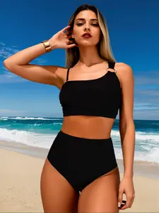 2026 Summer Black & Brown One Shoulder Two-Piece Swimsuit High Waisted Tummy Control Bathing Suit Perfect Beach Outfit for Pool Party & Beach Vacation