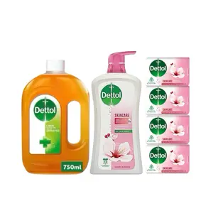 Dettol Antiseptic Liquid (750mL), Skincare Bodywash (900g) & 4 Skincare Soaps - Body Care, Daily Bath & Personal Care Essentials, Daily Care