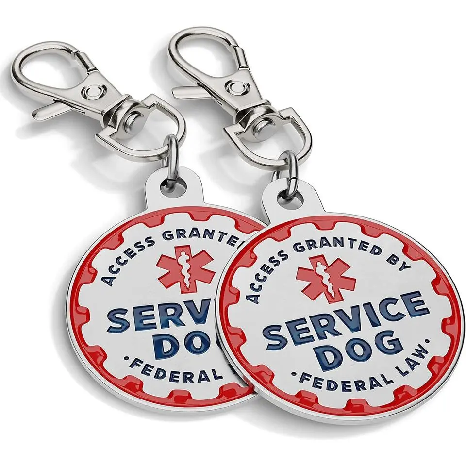 Service Dog Tag, 2 Pack: Metal Pet ID Tags for Service Animals, Emotional Support Dogs and Therapy Dogs, 1.25 Inch Diameter, Double Sided, Navy Lettering and Red Enamel Trim