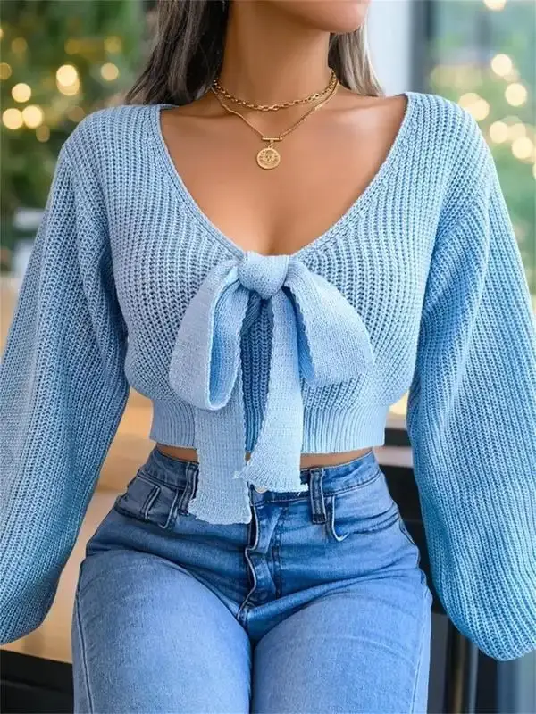Women's Plain Bow Decor Tie Front Crop Sweater, Casual Bishop Sleeve V Neck Jumper for Fall & Winter, Women's Knitwear for Daily Wear