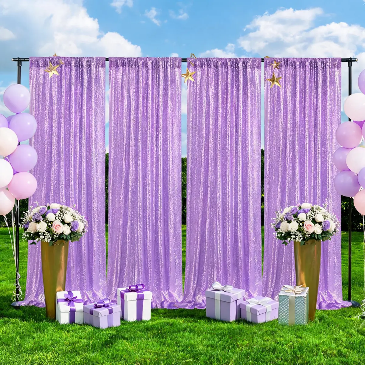 Lavender Sequin Backdrop Curtain (4 Pack, 2FTx8FT Polyester 4 Panels) - Backdrop Decor, Banners for Wedding Photography, Farmers Market Flower Stand, Multiple Events, Four Panels, Romantic Theme
