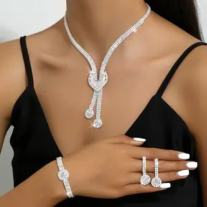 1 Pair Of Earrings + 1 Necklace/ 1 Pair Of Earrings + 1 Necklace + 1 Bracelet Elegant Jewelry Set Silver Plated Paved Shining Rhinestone Match Daily Outfits Evening Party Decor