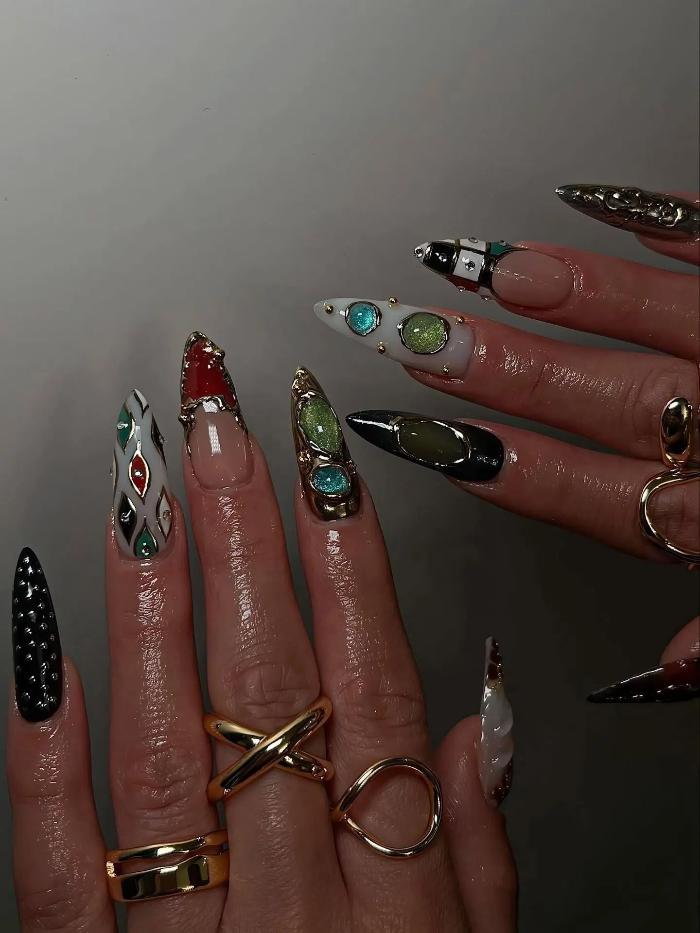 [FLASH SALE 50%] Futuristic Press On Nails, Luxury Gemstone 3D Nail Art with Metallic Chrome, Long Stiletto Y2k Fake Nails, Metallic Gemstone Chrome nails