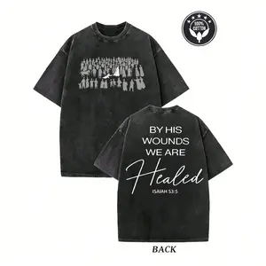 Washed Short Sleeved Double-Sided Printed T-Shirt, Made Of 100% Pure Cotton, With The Print Pattern Of "Christianity Baptized Because Of His Wound". Retro Hip-Hop Style, Street Y2K Printed Short Sleeved Top, Sports Tshirt Streetwear