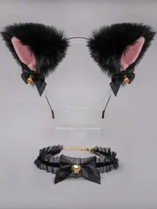 Handmade cute role-playing headband set, fox ear cat ear hairpin, contrasting lace bow bell necklace, four seasons accessories, Halloween, sexy cat girl, surprise gift for your dear