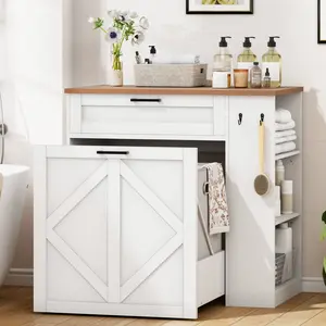Laundry Hamper Cabinet, Double Laundry Cabinet with Two 11 Gallon Baskets and Drawer, Pull-Out Storage Unit with Adjustable Shelves, Hooks, for Bathroom, Living Room, Kitchen, White and Walnut #SummerVibes