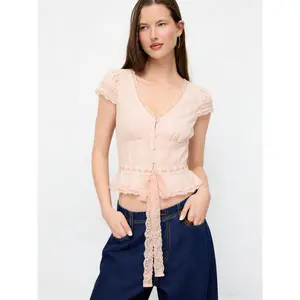 Cider 100% Cotton V-neck Puff Sleeve Lace Knotted Crop Blouse