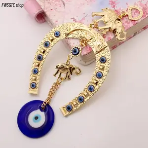 Turkish Blue Eye Horseshoe & Elephant Ribbon Wall Hanging Amulet, Alloy Lucky Charm. Versatile Ornament for Home, Car & Room Decor, Thoughtful Lucky Gift for All Occasions