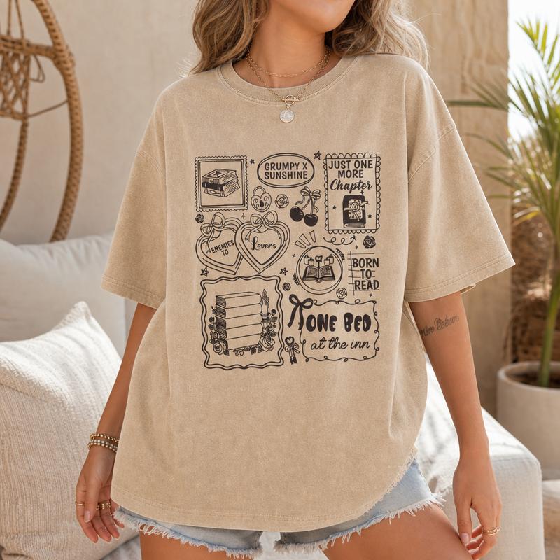 Romance Reader Tropes Graphic Tee for Women, Washed Cotton Oversized Bookish Shirt S-5XL