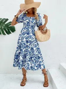 Allover Floral Print Puff Sleeve Ruffle Hem Dress