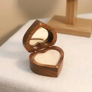 Heart-Shaped Walnut Wood Ring Box with Transparent Lid, Single Couple Jewelry Storage Case, Real Wood Display Box for Engagement Rings