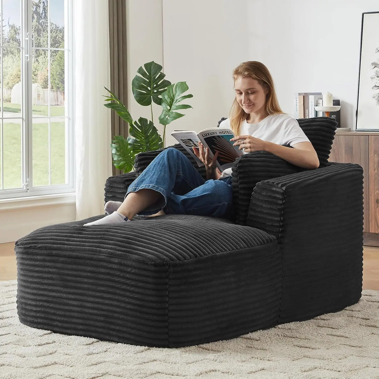 Oversized Chaise Lounge Chair Indoor, Corduroy Comfy Boneless Sleeper Sofa Couch with Pillows for Living Room Apartment Reading Nook, No Assembly Required, 45.3”W