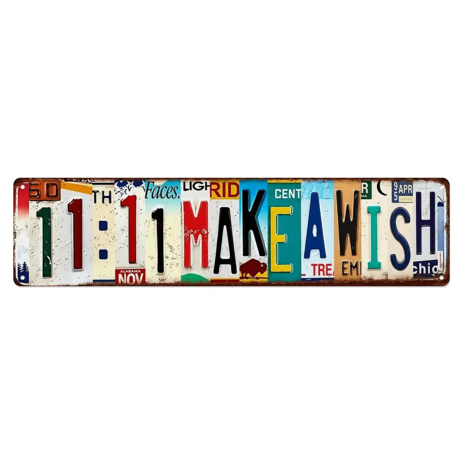 4x16 In Vintage-Style Metal Tin Sign, Rustic Spliced License Plate Wall Decor with "11:11 MAKE A WISH" Text, Weatherproof Boho Lucky Wish Plaque, Hanging Ornament for Home/Patio (Gift for Boho Lovers, Party Decor)