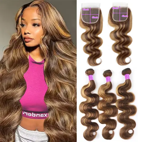 5x5 Lace Closure With Highlight Bundles Honey Blonde Body Wave Bundles With Closure Brown Colored Bundles With Closure