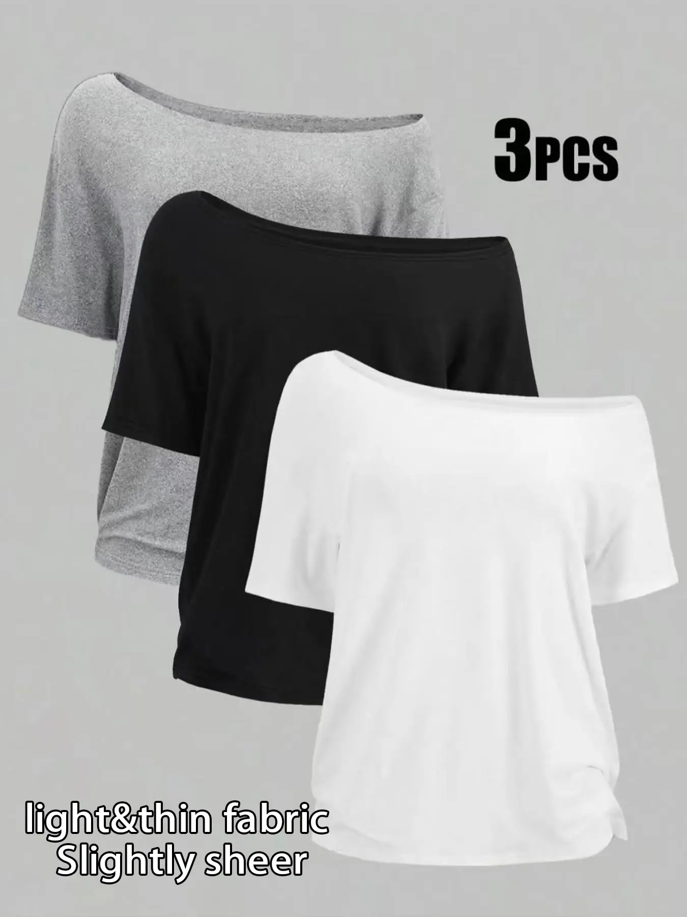 Women's Plus Size 3-Pack One-Shoulder Loose Short Sleeve T-Shirt, Casual Solid Color Basic Top, Comfortable and Stylish